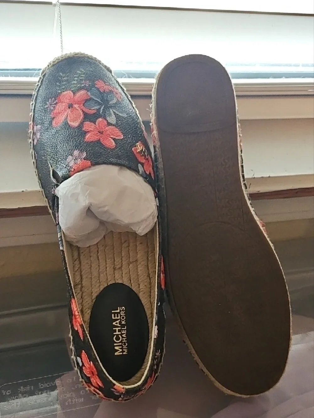 Michael Kors Navy Espadrille Slip-Ons with Pink & Coral Floral Print